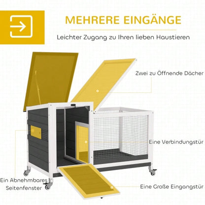 Kaninchenstall aus Holz mit Freilaufgehege & Klappdach, mobiler Hasenstall mit Rädern für Innen & Außen, 92x52x67 cm, dunkelgrau - von PawHut