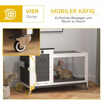 Kaninchenstall aus Holz mit Freilaufgehege & Klappdach, mobiler Hasenstall mit Rädern für Innen & Außen, 92x52x67 cm, dunkelgrau - von PawHut