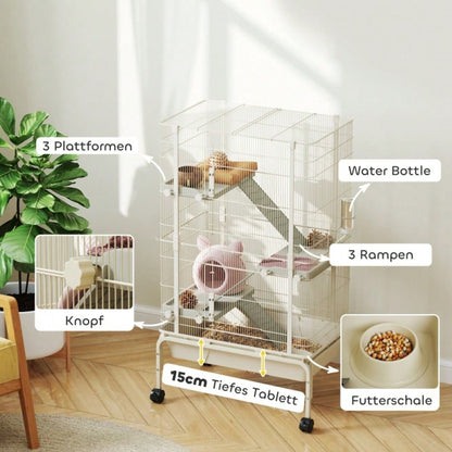 Kleintierkäfig mit 4 Etagen inkl. Futternapf & Trinkflasche, großer Nagerkäfig 88x48x150,5 cm, beige - von PawHut