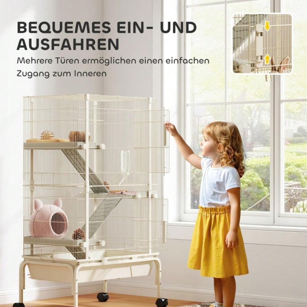 Kleintierkäfig mit 4 Etagen inkl. Futternapf & Trinkflasche, großer Nagerkäfig 88x48x150,5 cm, beige - von PawHut