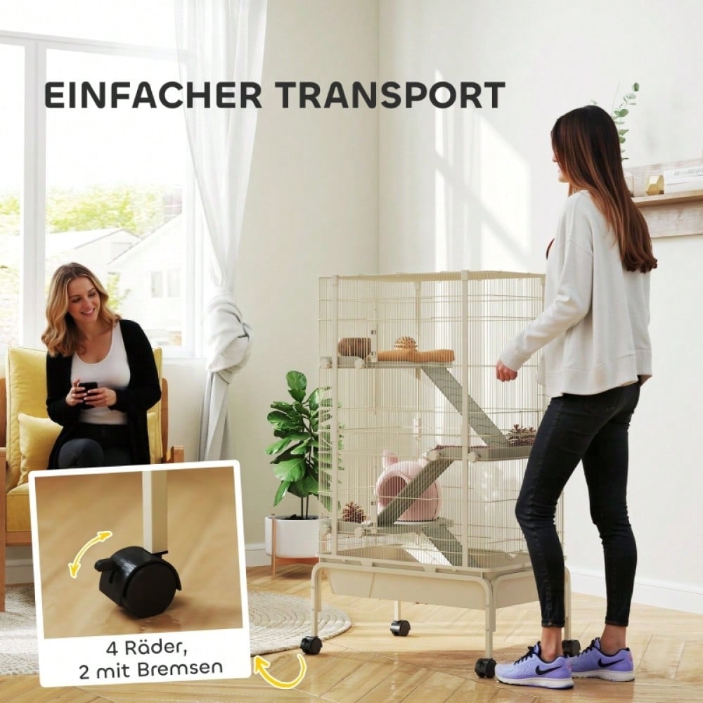 Kleintierkäfig mit 4 Etagen inkl. Futternapf & Trinkflasche, großer Nagerkäfig 88x48x150,5 cm, beige - von PawHut