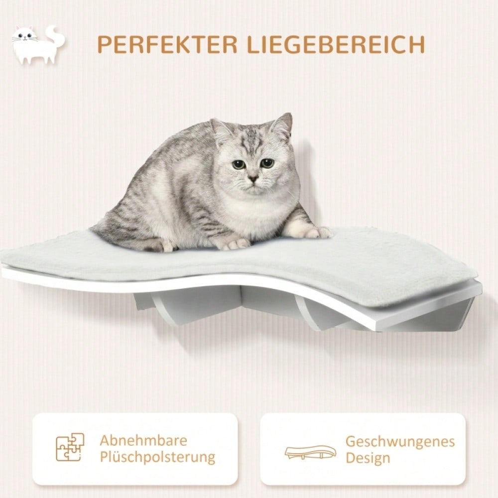 PawHut Katzen Kletterwand Set mit Hängematte, Bett & Regal - Wandmontage MDF Katzenspielzeug & Möbel in Weiß, plüschbezogen (53x28x12 cm)