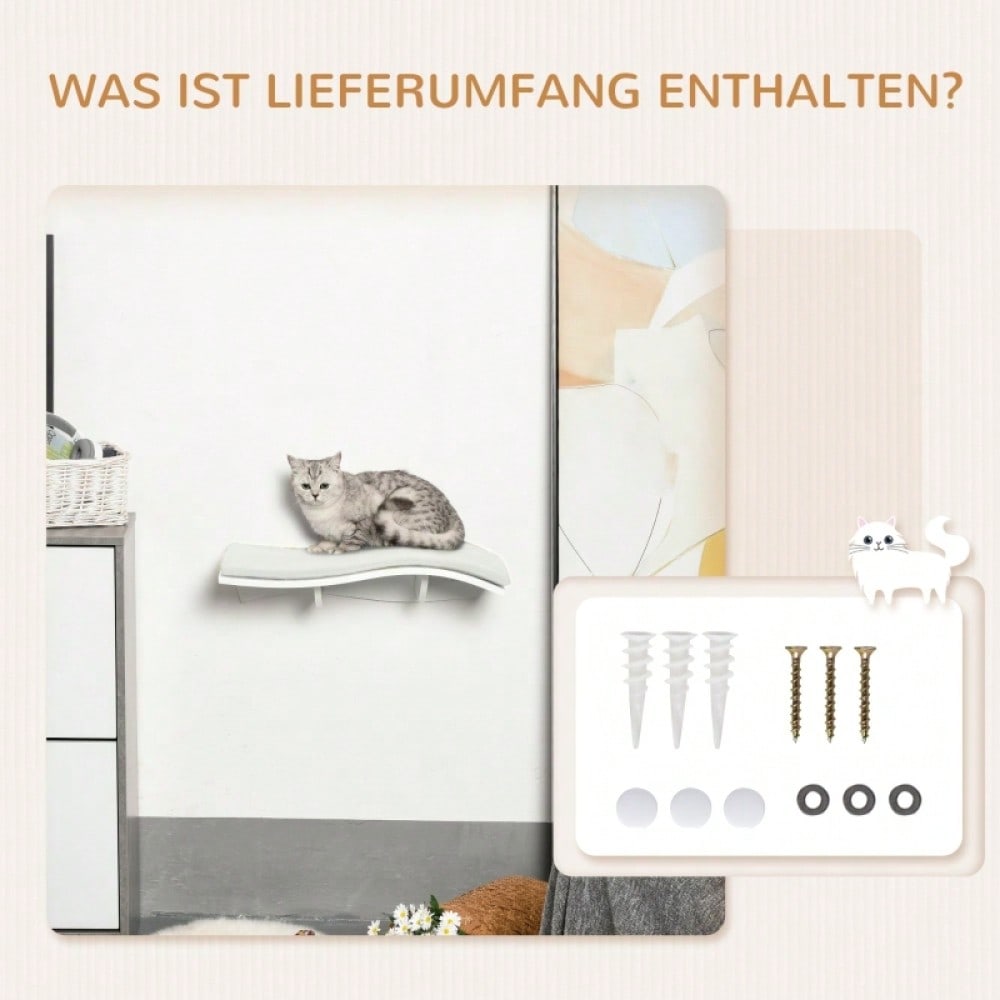 PawHut Katzen Kletterwand Set mit Hängematte, Bett & Regal - Wandmontage MDF Katzenspielzeug & Möbel in Weiß, plüschbezogen (53x28x12 cm)