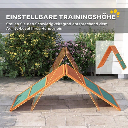 PawHut Agility Rampe für Hunde - Klappbare & Höhenverstellbare Hunderampe aus Tannenholz, rutschfest, bis 40 kg belastbar (173x59x66 cm) - Orange/Grün
