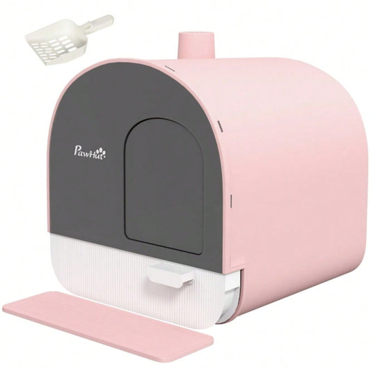 PawHut Katzentoilette mit Deckel - Komplett-Set inkl. Streuschaufel & Schmutzfangmatte aus Kunststoff, Farbe: Rosa/Schwarz