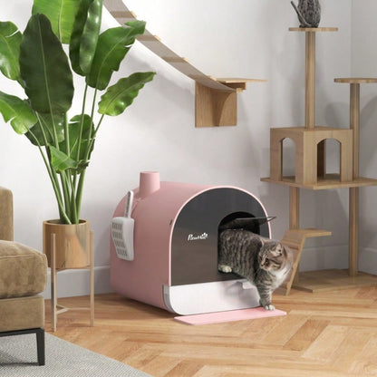 PawHut Katzentoilette mit Deckel - Komplett-Set inkl. Streuschaufel & Schmutzfangmatte aus Kunststoff, Farbe: Rosa/Schwarz