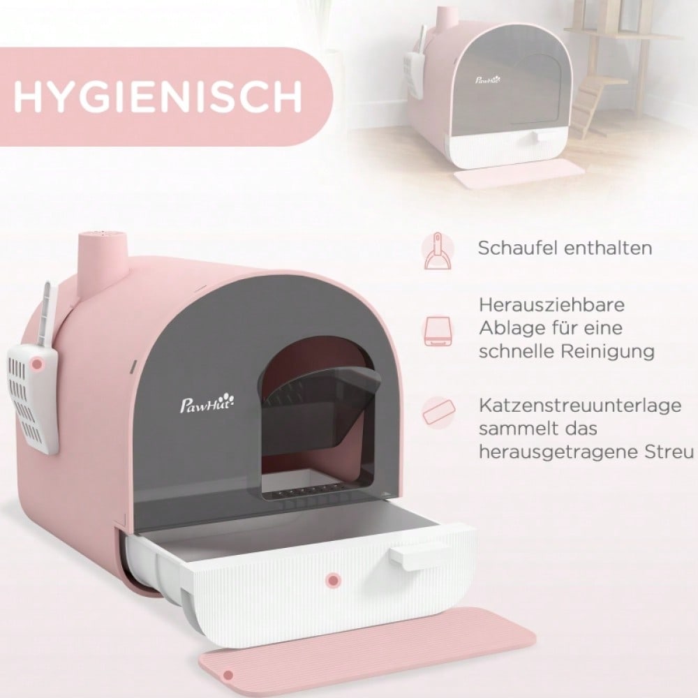PawHut Katzentoilette mit Deckel - Komplett-Set inkl. Streuschaufel & Schmutzfangmatte aus Kunststoff, Farbe: Rosa/Schwarz