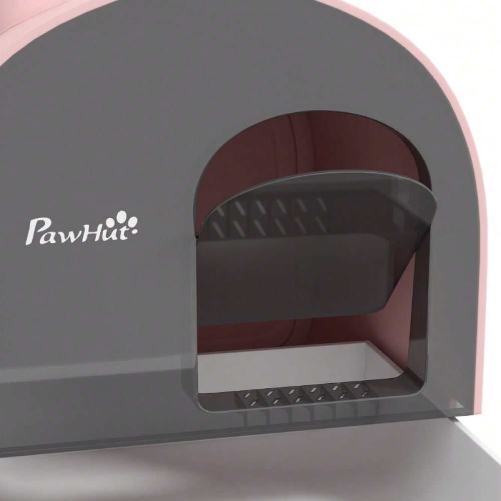 PawHut Katzentoilette mit Deckel - Komplett-Set inkl. Streuschaufel & Schmutzfangmatte aus Kunststoff, Farbe: Rosa/Schwarz