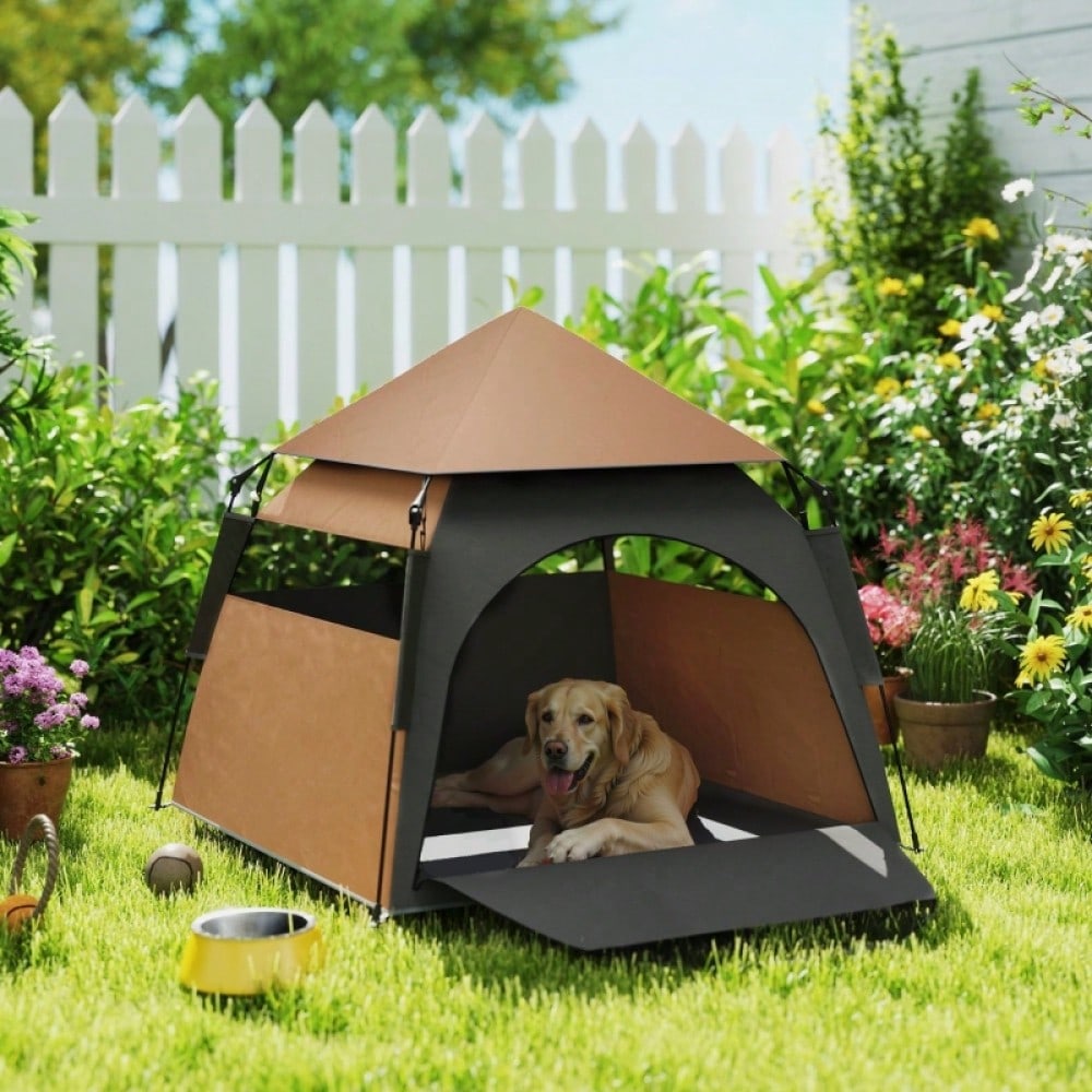 PawHut Hundezelt für große Hunde - Klappbares Haustierzelt für Outdoor & Garten, wetterfestes Hundehaus in Dunkelbraun