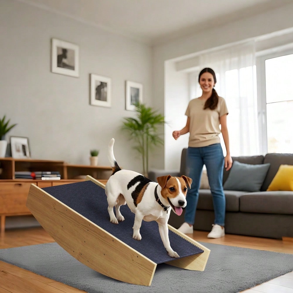PawHut 2-in-1 Hundewippe & Rampe aus Naturholz - Agility Trainingsgerät für Balance und Selbstvertrauen, für kleine & mittlere Hunde bis 15 kg (80x39,5x20 cm)