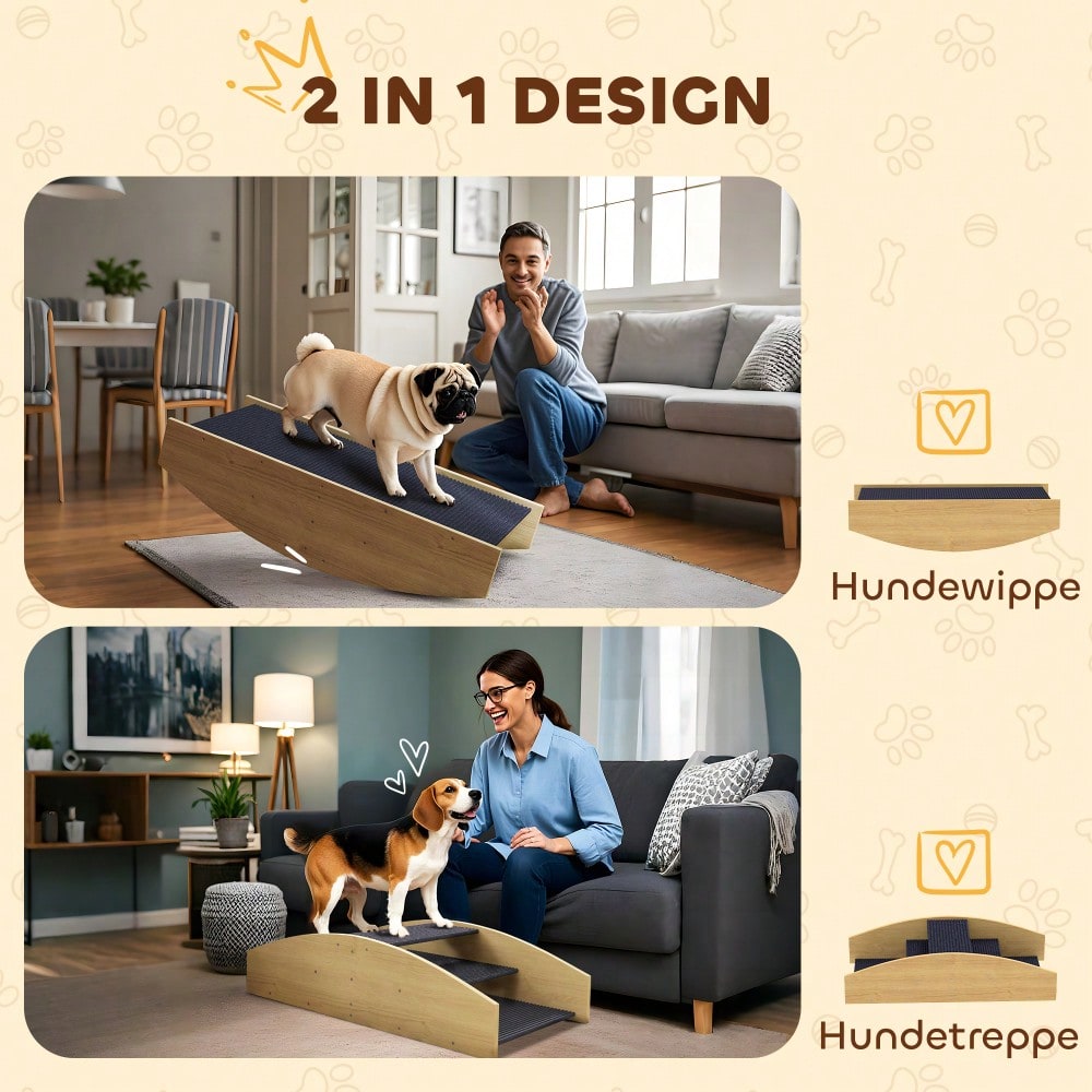 PawHut 2-in-1 Hundewippe & Rampe aus Naturholz - Agility Trainingsgerät für Balance und Selbstvertrauen, für kleine & mittlere Hunde bis 15 kg (80x39,5x20 cm)