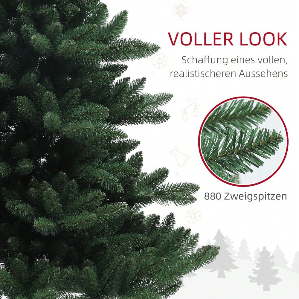 Künstlicher Weihnachtsbaum 180 cm mit 880 Spitzen, flammhemmend & faltbar inkl. Stahlfuß, für Weihnachtsdekoration Indoor, grün - von HOMCOM