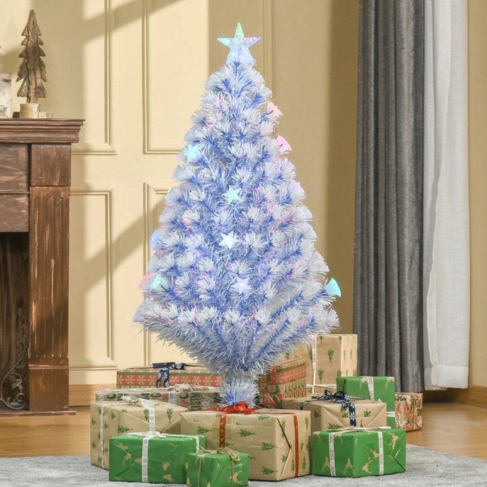 Künstlicher Weihnachtsbaum mit LED-Beleuchtung, 3-fach beleuchtet, aus PVC & Metall, Ø60x120 cm, weiß & blau - von HOMCOM