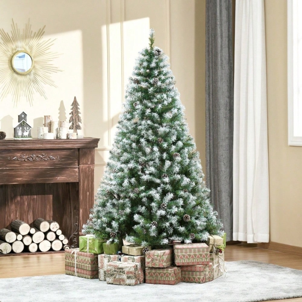 Künstlicher Weihnachtsbaum 180 cm mit 800 Zweigen & 61 Zapfen, verschneit & feuerfest, Premium-Weihnachtsbaum mit Schneespitzen - von HOMCOM