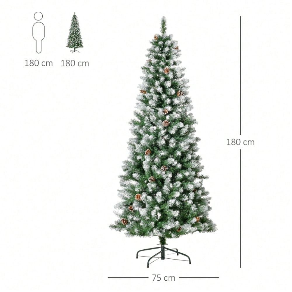 Künstlicher Weihnachtsbaum 180 cm mit 630 Zweigen & 37 Zapfen, verschneit & feuerfest, Premium-Weihnachtsbaum mit Schneespitzen - von HOMCOM