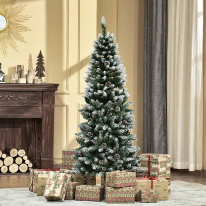 Künstlicher Weihnachtsbaum 150 cm mit 630 Zweigen & 37 Zapfen, verschneit & feuerfest, Premium-Weihnachtsbaum mit Schneespitzen - von HOMCOM