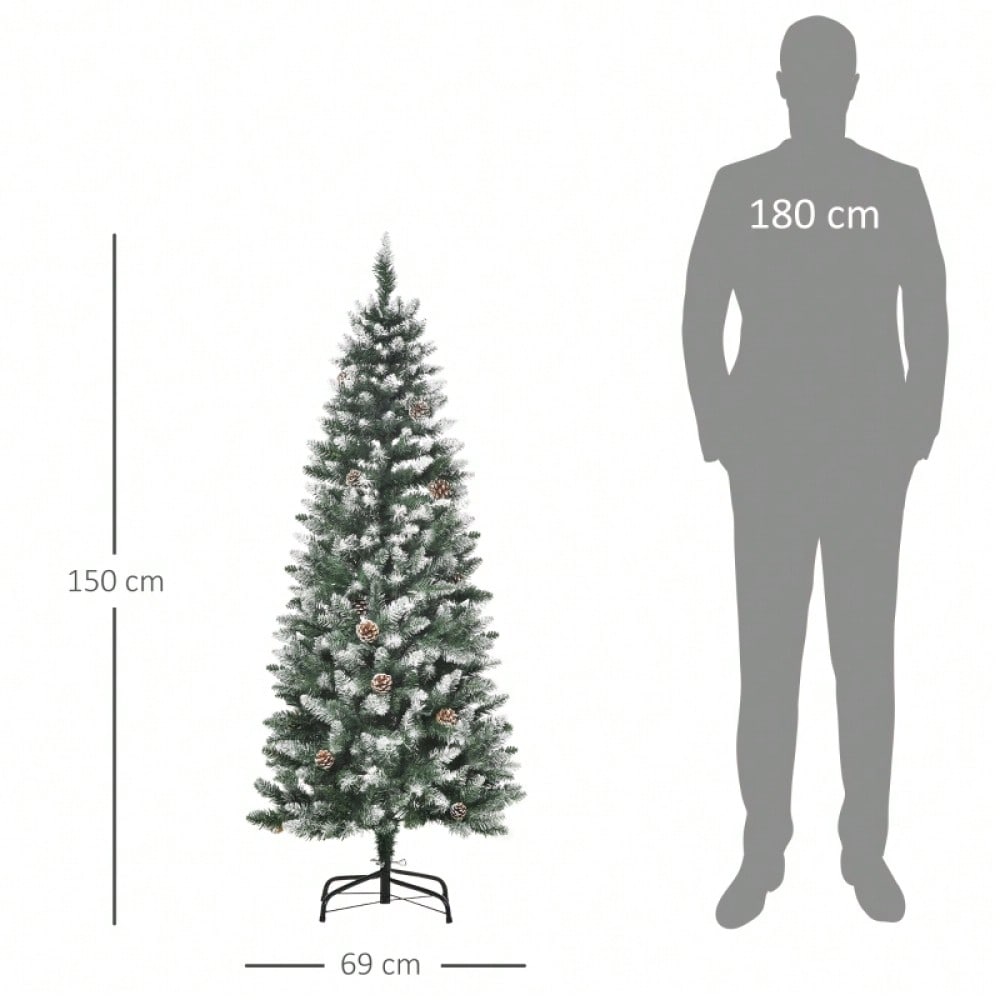 Künstlicher Weihnachtsbaum 150 cm mit 630 Zweigen & 37 Zapfen, verschneit & feuerfest, Premium-Weihnachtsbaum mit Schneespitzen - von HOMCOM