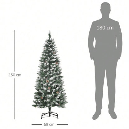 Künstlicher Weihnachtsbaum 150 cm mit 630 Zweigen & 37 Zapfen, verschneit & feuerfest, Premium-Weihnachtsbaum mit Schneespitzen - von HOMCOM