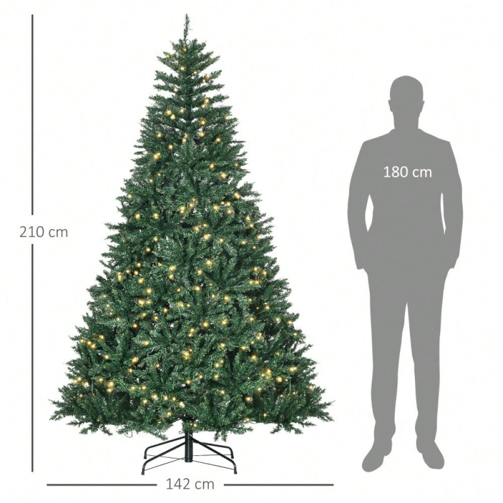 Künstlicher Weihnachtsbaum 210 cm mit 700 warmweißen LEDs & 2154 Zweigen, flammhemmend aus Kunststoff/Metall, 210x142 cm, grün - von HOMCOM