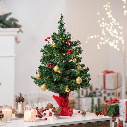 Tischweihnachtsbaum 60 cm komplett dekoriert mit LED-Beleuchtung, Stechpalmenbeeren & Kugeln, Ø40 cm, grün - von HOMCOM