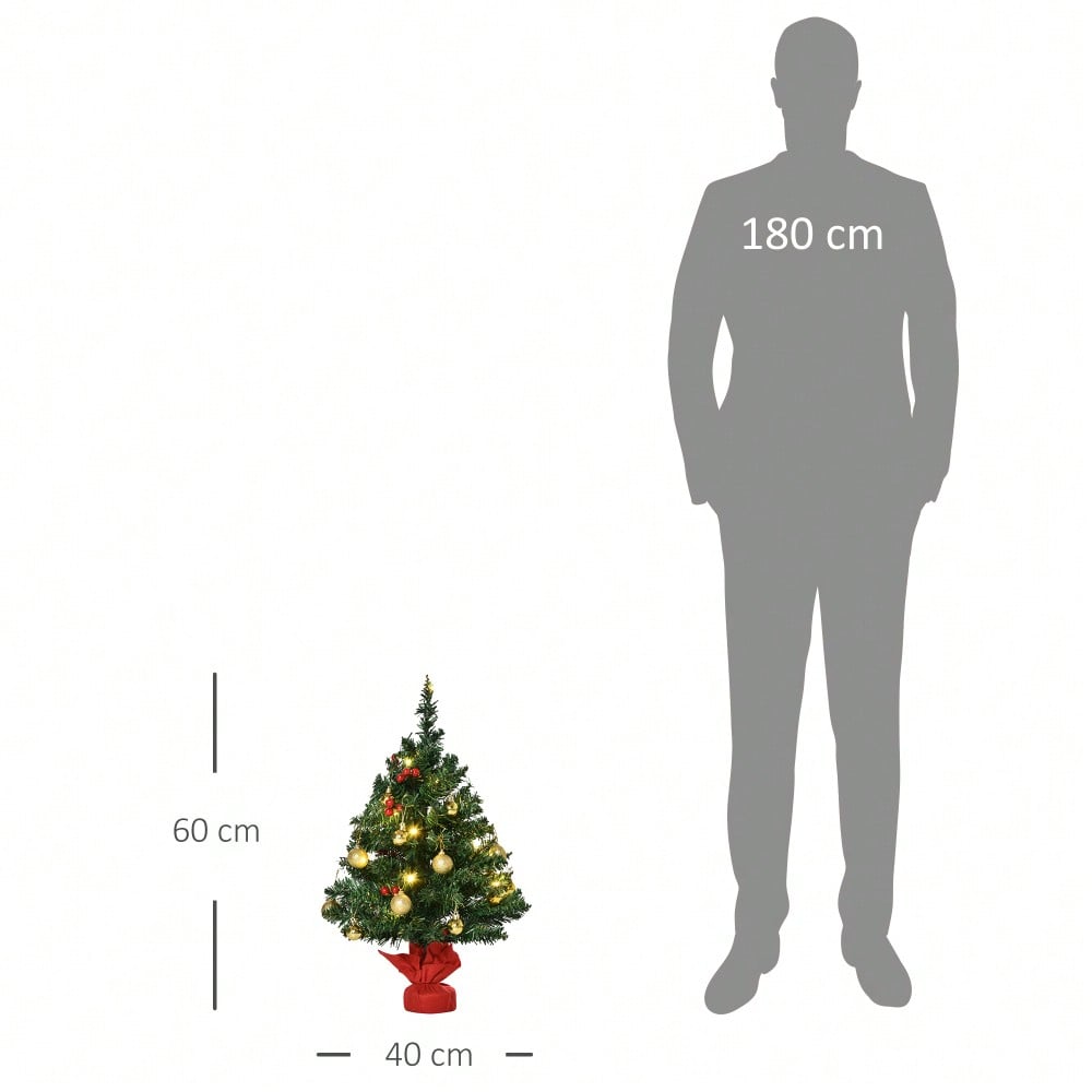 Tischweihnachtsbaum 60 cm komplett dekoriert mit LED-Beleuchtung, Stechpalmenbeeren & Kugeln, Ø40 cm, grün - von HOMCOM
