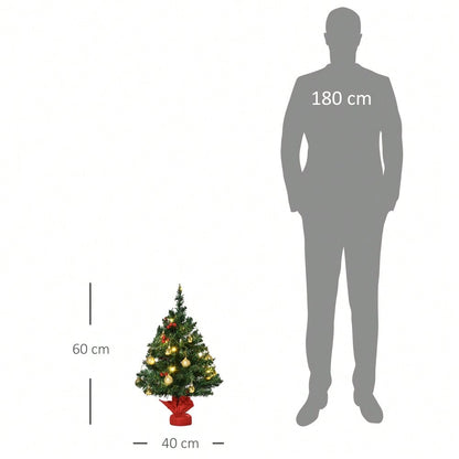 Tischweihnachtsbaum 60 cm komplett dekoriert mit LED-Beleuchtung, Stechpalmenbeeren & Kugeln, Ø40 cm, grün - von HOMCOM