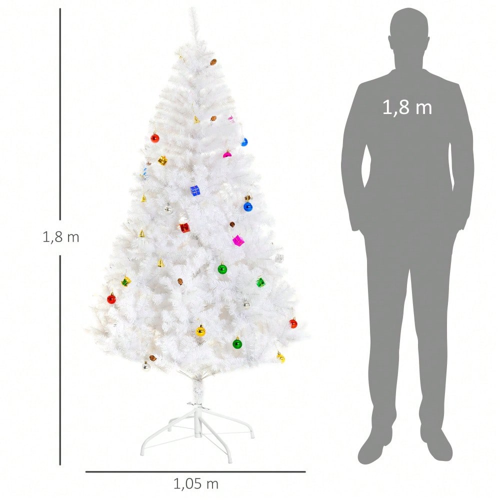 HOMCOM Künstlicher Weihnachtsbaum 180 cm in Weiß mit Dekoration | Fertig geschmückter Christbaum inkl. Ständer | für festliche Weihnachtsdekoration