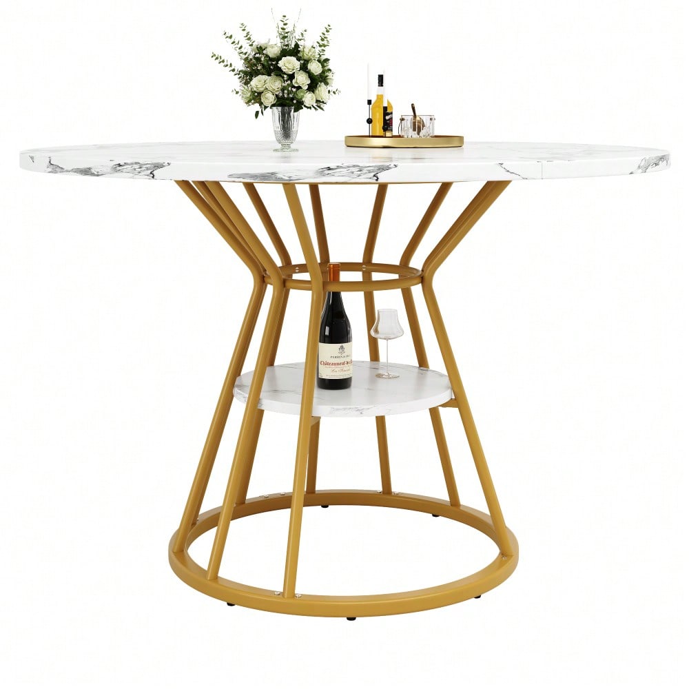 Runder Esstisch mit Marmorplatte & goldenen Beinen | Küchentisch Ø 80 cm in Schwarz/Gold | Inkl. Metallgestell, 1-stück