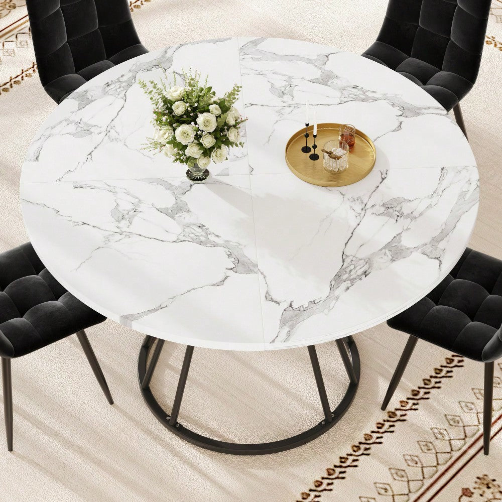 5-teiliges Esstisch-Set mit Marmortisch & Samtstühlen | Tisch 100x76 cm (Ø100 cm) inkl. 4 Stühle | Komplettset für 4 Personen in Schwarz