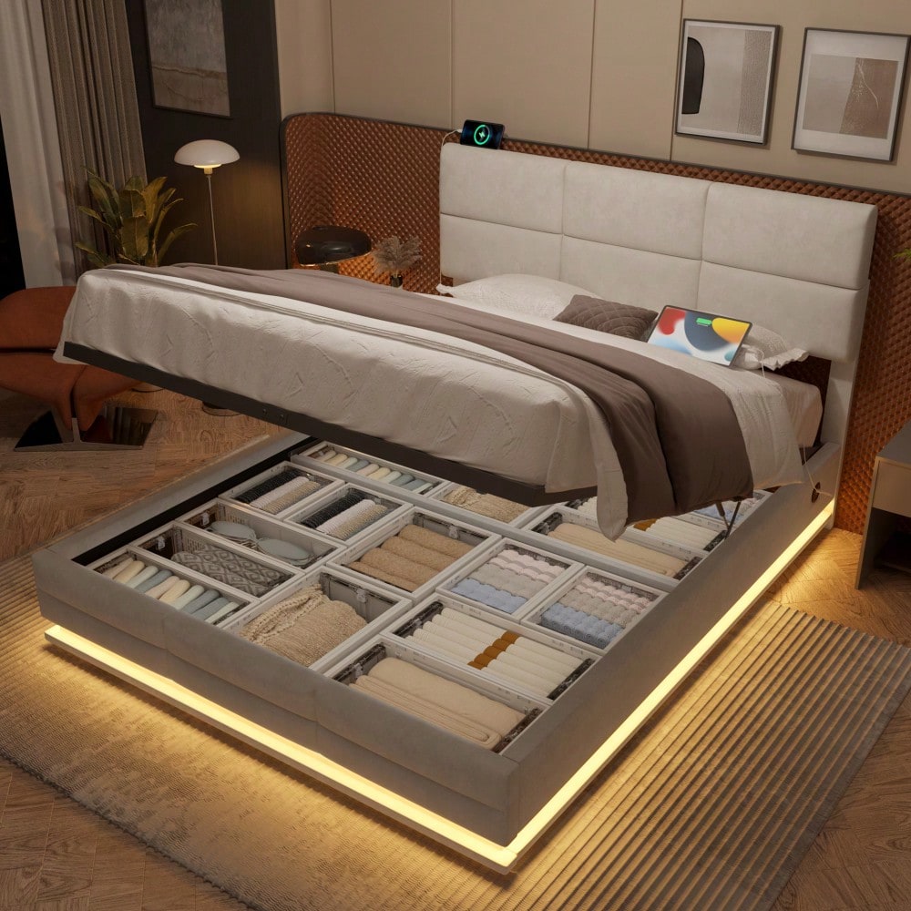 Polsterbett 140x200 cm mit USB-Anschlüssen, LED-Beleuchtung & Lift-System | Höhenverstellbares Kopfteil, XXL-Stauraum | Velours-Bettgestell in Beige (ohne Matratze)