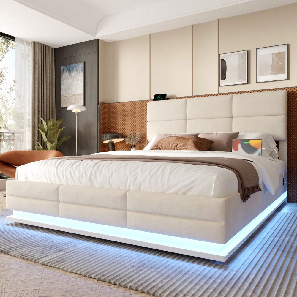Polsterbett 140x200 cm mit USB-Anschlüssen, LED-Beleuchtung & Lift-System | Höhenverstellbares Kopfteil, XXL-Stauraum | Velours-Bettgestell in Beige (ohne Matratze)