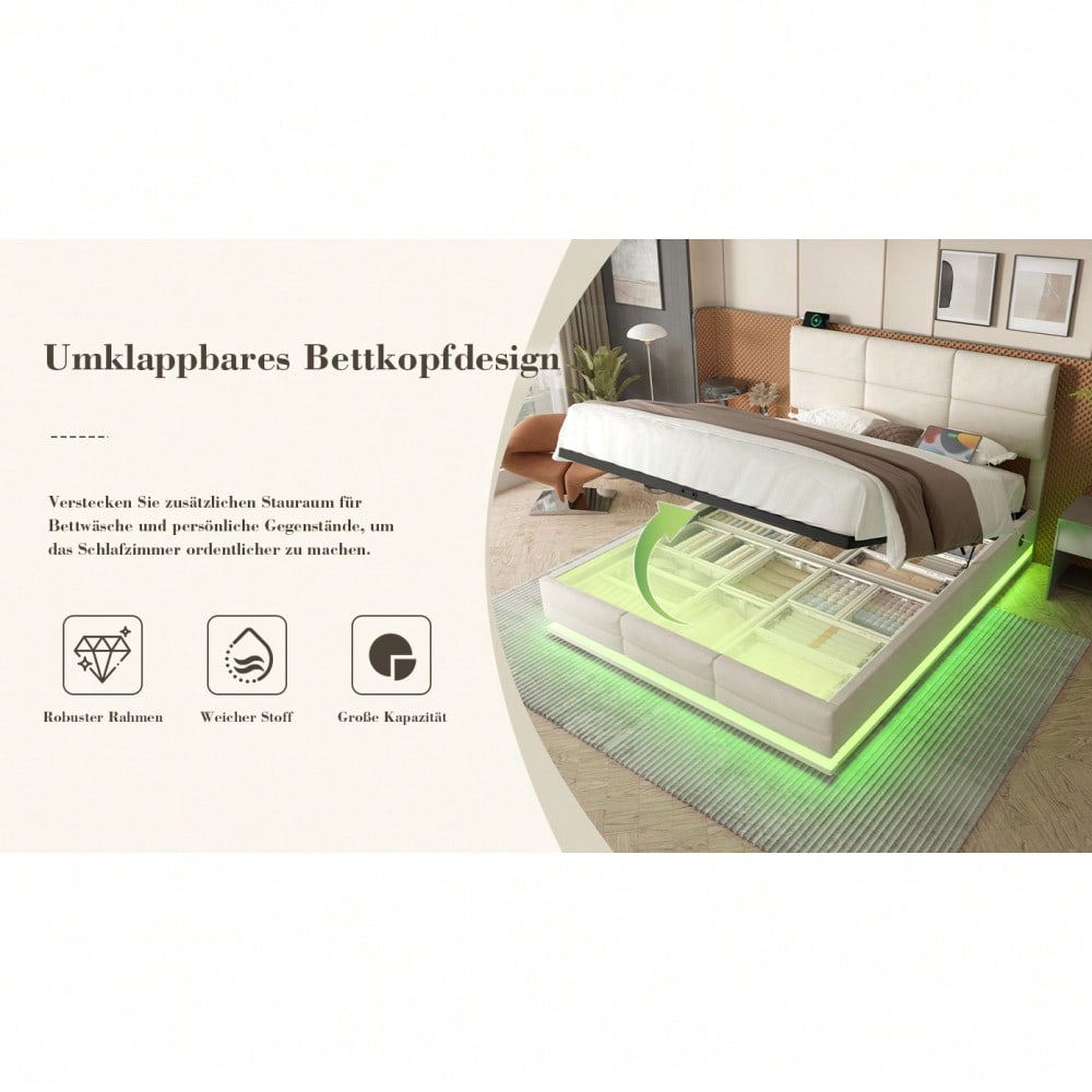 Polsterbett 140x200 cm mit USB-Anschlüssen, LED-Beleuchtung & Lift-System | Höhenverstellbares Kopfteil, XXL-Stauraum | Velours-Bettgestell in Beige (ohne Matratze)