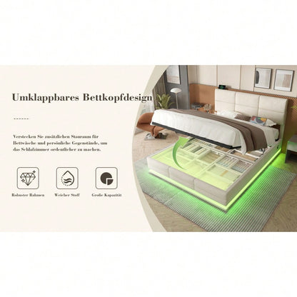 Polsterbett 140x200 cm mit USB-Anschlüssen, LED-Beleuchtung & Lift-System | Höhenverstellbares Kopfteil, XXL-Stauraum | Velours-Bettgestell in Beige (ohne Matratze)
