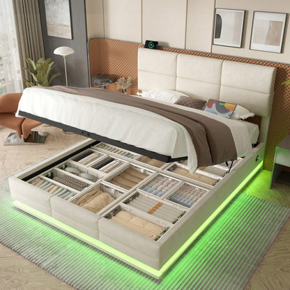 Polsterbett 140x200 cm mit USB-Anschlüssen, LED-Beleuchtung & Lift-System | Höhenverstellbares Kopfteil, XXL-Stauraum | Velours-Bettgestell in Beige (ohne Matratze)