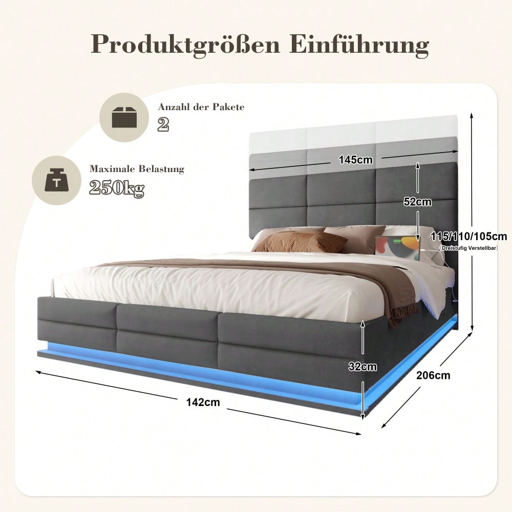 HOMCOM Polsterbett 140x200 cm mit USB-Ladestation, LED-Licht & Hydraulik Lift-System | Höhenverstellbares Velours Kopfteil mit XXL-Stauraum | Grau, ohne Matratze