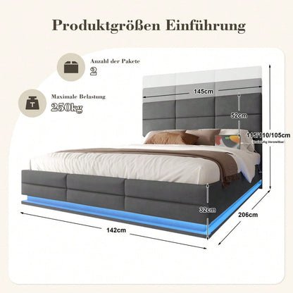 HOMCOM Polsterbett 140x200 cm mit USB-Ladestation, LED-Licht & Hydraulik Lift-System | Höhenverstellbares Velours Kopfteil mit XXL-Stauraum | Grau, ohne Matratze