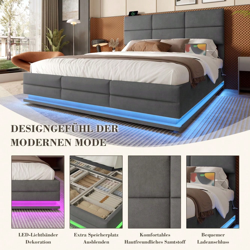HOMCOM Polsterbett 140x200 cm mit USB-Ladestation, LED-Licht & Hydraulik Lift-System | Höhenverstellbares Velours Kopfteil mit XXL-Stauraum | Grau, ohne Matratze