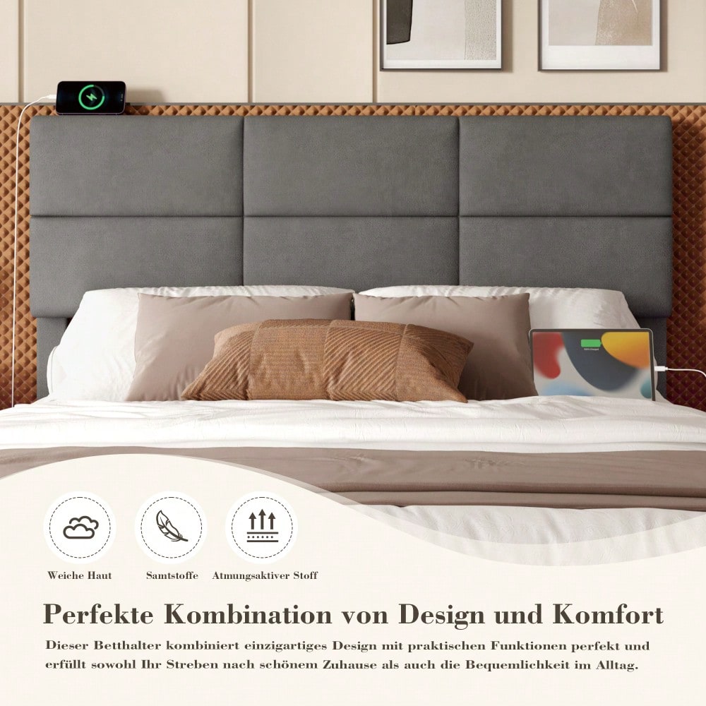 HOMCOM Polsterbett 140x200 cm mit USB-Ladestation, LED-Licht & Hydraulik Lift-System | Höhenverstellbares Velours Kopfteil mit XXL-Stauraum | Grau, ohne Matratze