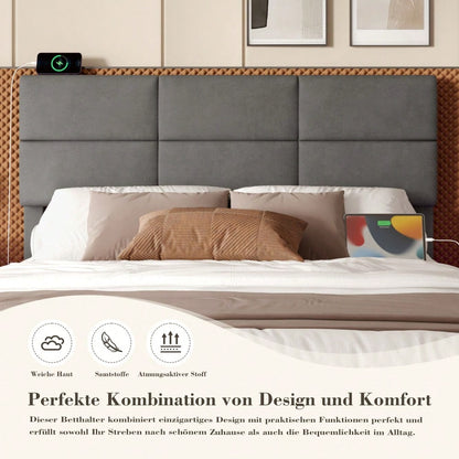 HOMCOM Polsterbett 140x200 cm mit USB-Ladestation, LED-Licht & Hydraulik Lift-System | Höhenverstellbares Velours Kopfteil mit XXL-Stauraum | Grau, ohne Matratze