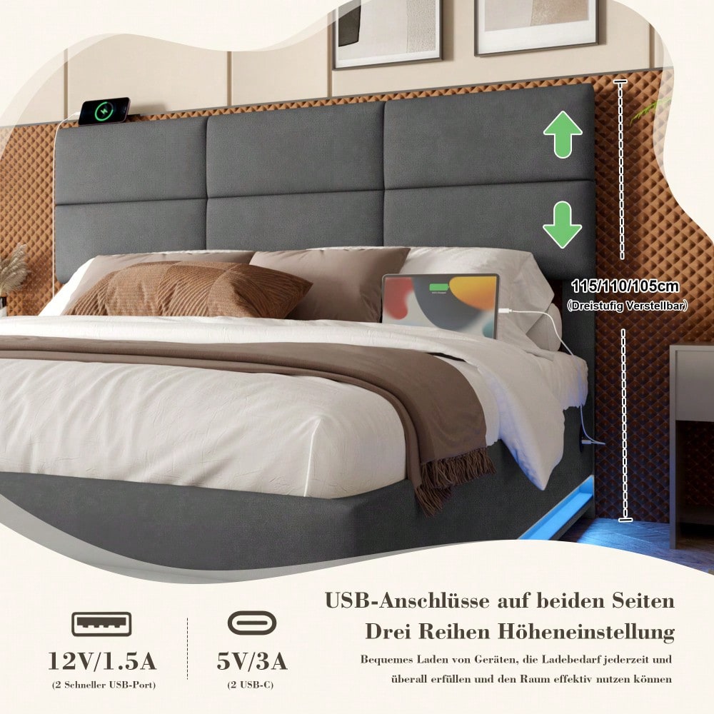 HOMCOM Polsterbett 140x200 cm mit USB-Ladestation, LED-Licht & Hydraulik Lift-System | Höhenverstellbares Velours Kopfteil mit XXL-Stauraum | Grau, ohne Matratze