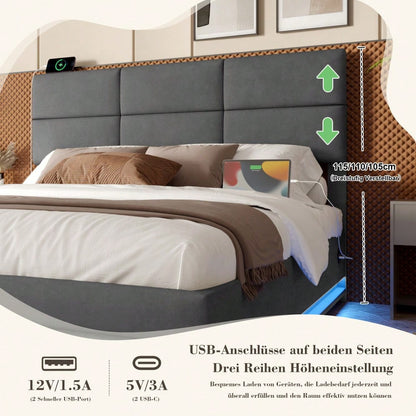 HOMCOM Polsterbett 140x200 cm mit USB-Ladestation, LED-Licht & Hydraulik Lift-System | Höhenverstellbares Velours Kopfteil mit XXL-Stauraum | Grau, ohne Matratze