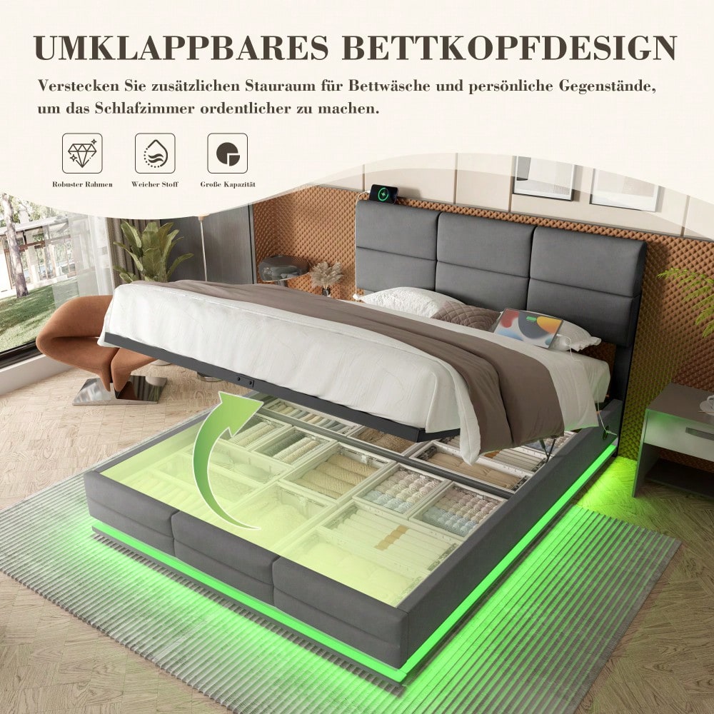 HOMCOM Polsterbett 140x200 cm mit USB-Ladestation, LED-Licht & Hydraulik Lift-System | Höhenverstellbares Velours Kopfteil mit XXL-Stauraum | Grau, ohne Matratze