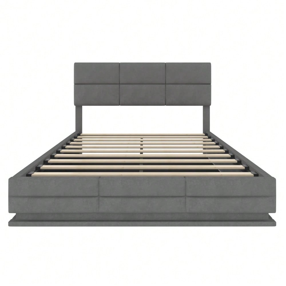 HOMCOM Polsterbett 140x200 cm mit USB-Ladestation, LED-Licht & Hydraulik Lift-System | Höhenverstellbares Velours Kopfteil mit XXL-Stauraum | Grau, ohne Matratze