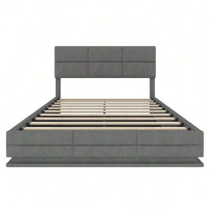 HOMCOM Polsterbett 140x200 cm mit USB-Ladestation, LED-Licht & Hydraulik Lift-System | Höhenverstellbares Velours Kopfteil mit XXL-Stauraum | Grau, ohne Matratze