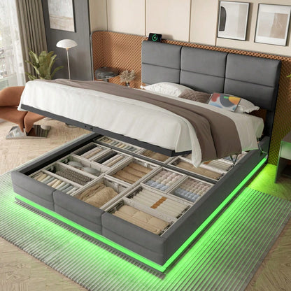HOMCOM Polsterbett 140x200 cm mit USB-Ladestation, LED-Licht & Hydraulik Lift-System | Höhenverstellbares Velours Kopfteil mit XXL-Stauraum | Grau, ohne Matratze