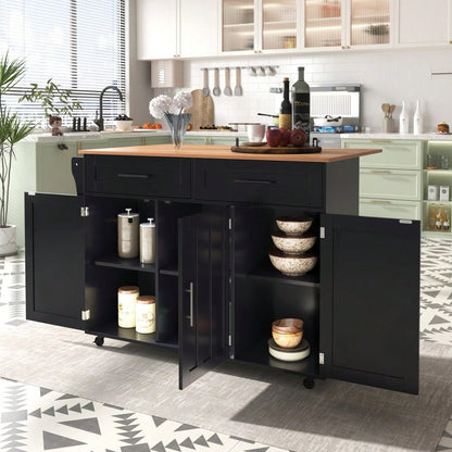 Schwarze Kücheninsel mit Klapptisch & 5 Rollen | Anrichte 129x91,5 cm mit Stauraum & 2 Schubladen | Mobile Esstisch-Garnitur für Esszimmer inkl. verstellbaren Fächern