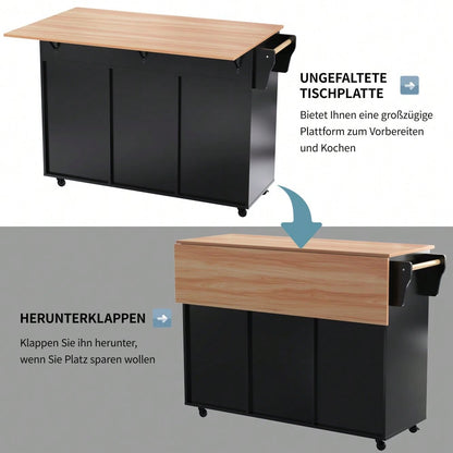 Schwarze Kücheninsel mit Klapptisch & 5 Rollen | Anrichte 129x91,5 cm mit Stauraum & 2 Schubladen | Mobile Esstisch-Garnitur für Esszimmer inkl. verstellbaren Fächern
