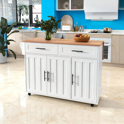 Weiße Kücheninsel mit Klapptisch & 5 Rollen | Anrichte 129x91,5 cm mit Stauschränken, 2 Schubladen & Inneneinlegeböden | Mobile Esstisch-Garnitur für Esszimmer