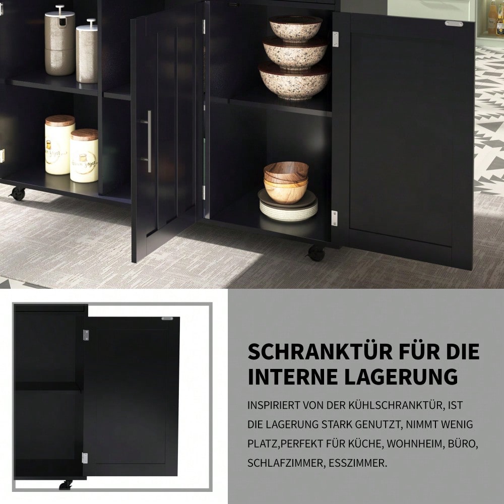 Schwarze Kücheninsel mit Klapptisch & 5 Rollen | Anrichte 129x91,5 cm mit Stauraum & 2 Schubladen | Mobile Esstisch-Garnitur für Esszimmer inkl. verstellbaren Fächern