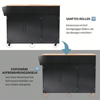 Schwarze Kücheninsel mit Klapptisch & 5 Rollen | Anrichte 129x91,5 cm mit Stauraum & 2 Schubladen | Mobile Esstisch-Garnitur für Esszimmer inkl. verstellbaren Fächern